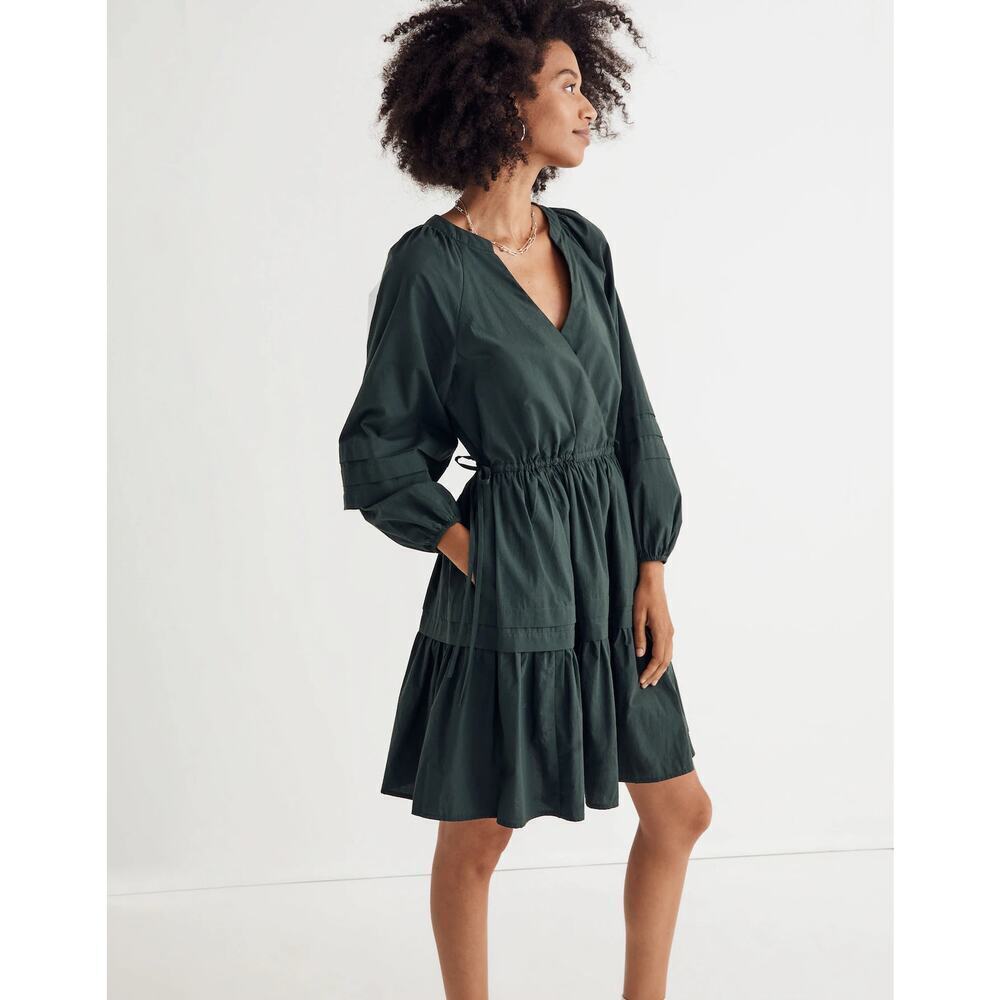 MADEWELL Petite Crinkle Poplin Wrap Mini Dress Dark Palm Green Size Small P PS - Picture 2 of 11